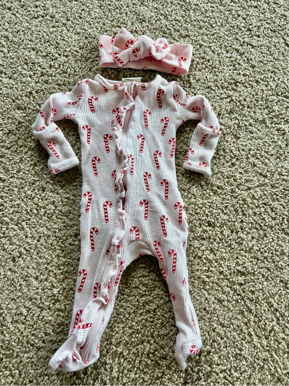 Spearmint Holiday Candy Cane Footed One-Piece with Headband - Pink
